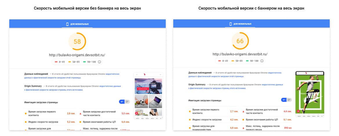 Скорость мобильной версии без баннера на весь экран и с баннером