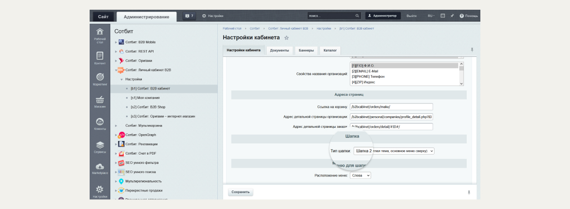 Настройки Сотбит: B2B кабинет в панели администрирования