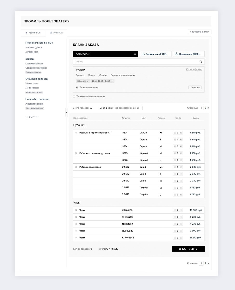 B2BShop: Бланк заказа Табличный бланк заказа b2b кабинета пользователя. B2B личный кабинет на Битриксе